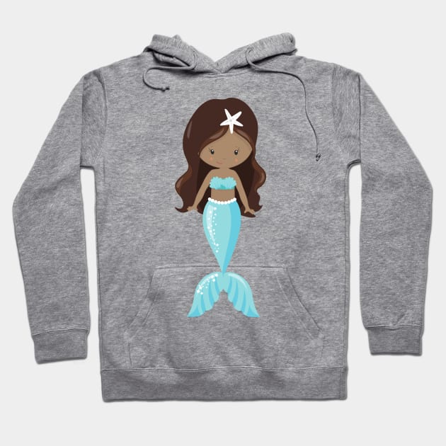 African American Mermaid, Cute Mermaid, Blue Tail Hoodie by Jelena Dunčević